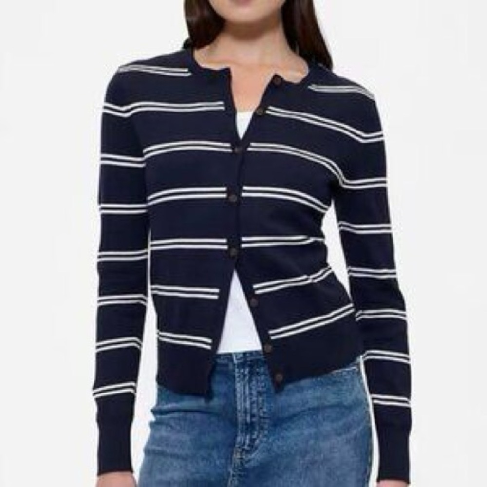 NWT Gap Factory Crewneck Striped Cardigan Sweater Button Down Navy/White Size XL